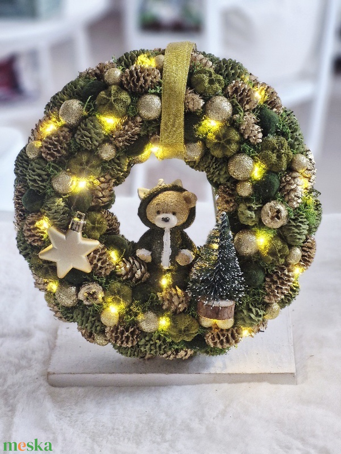 Zöld-arany elegáns macis karácsonyi ajtódísz - karácsony - karácsonyi lakásdekoráció - karácsonyi ajtódíszek - Meska.hu