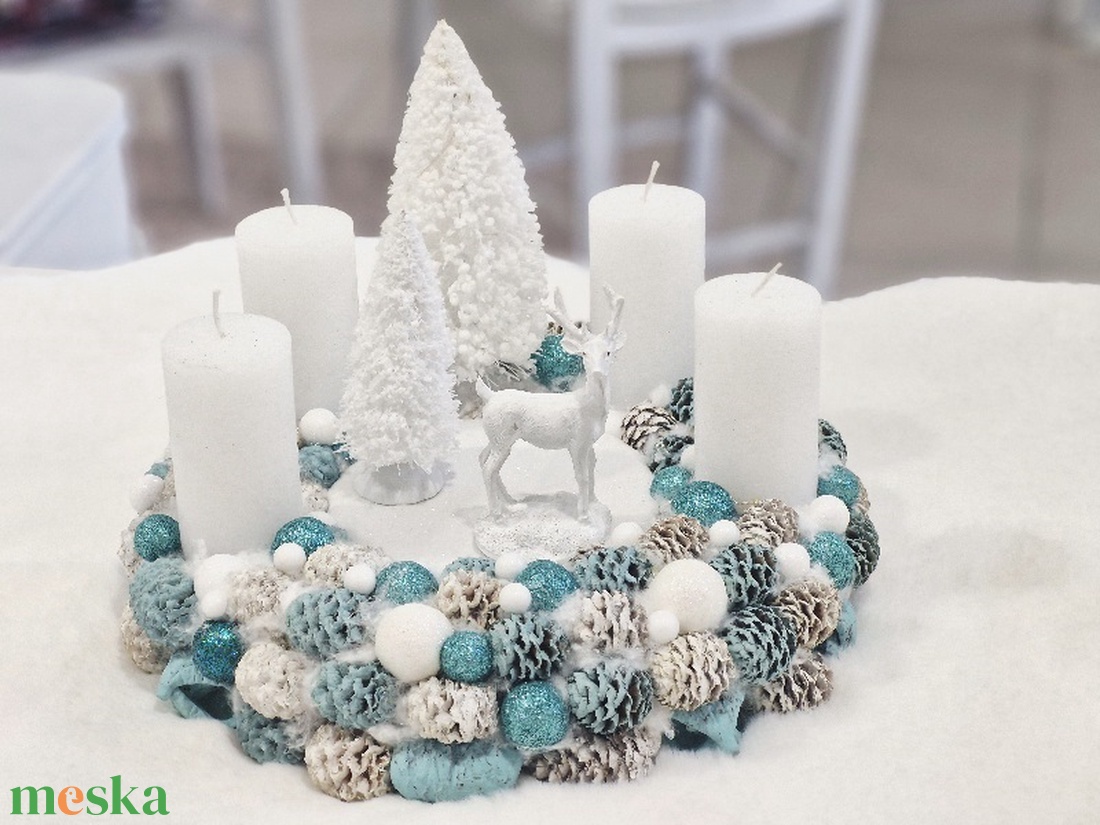 Türkiz adventi asztaldísz - karácsony - adventi díszek - adventi koszorú - Meska.hu