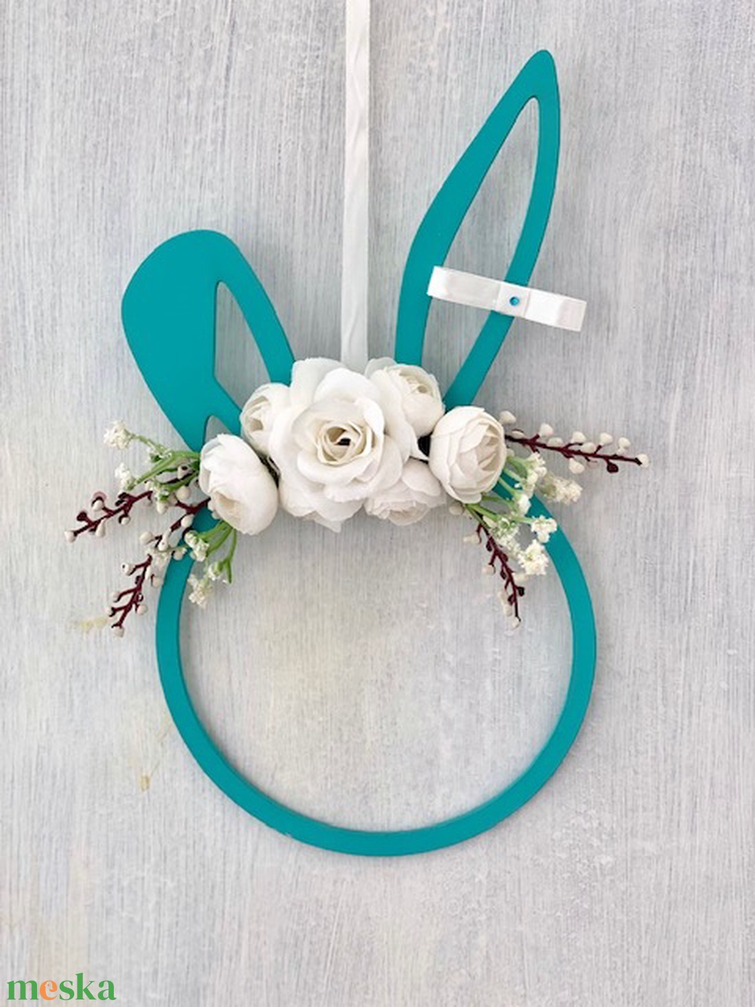 Türkiz nyuszifej ajtódísz  - ünnepi díszek, dekorációk - húsvéti díszek és dekorációk - húsvéti ajtódísz, kopogtató - Meska.hu