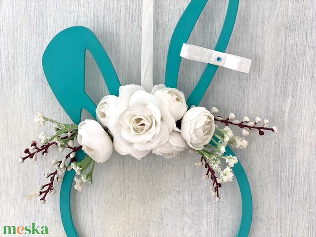 Türkiz nyuszifej ajtódísz  - ünnepi díszek, dekorációk - húsvéti díszek és dekorációk - húsvéti ajtódísz, kopogtató - Meska.hu