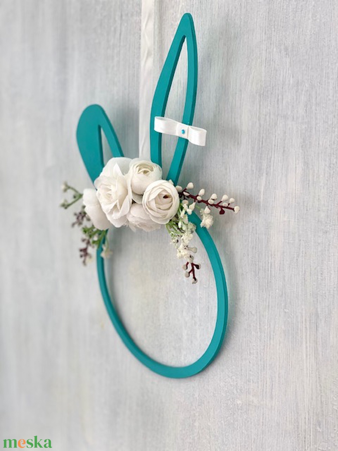 Türkiz nyuszifej ajtódísz  - ünnepi díszek, dekorációk - húsvéti díszek és dekorációk - húsvéti ajtódísz, kopogtató - Meska.hu