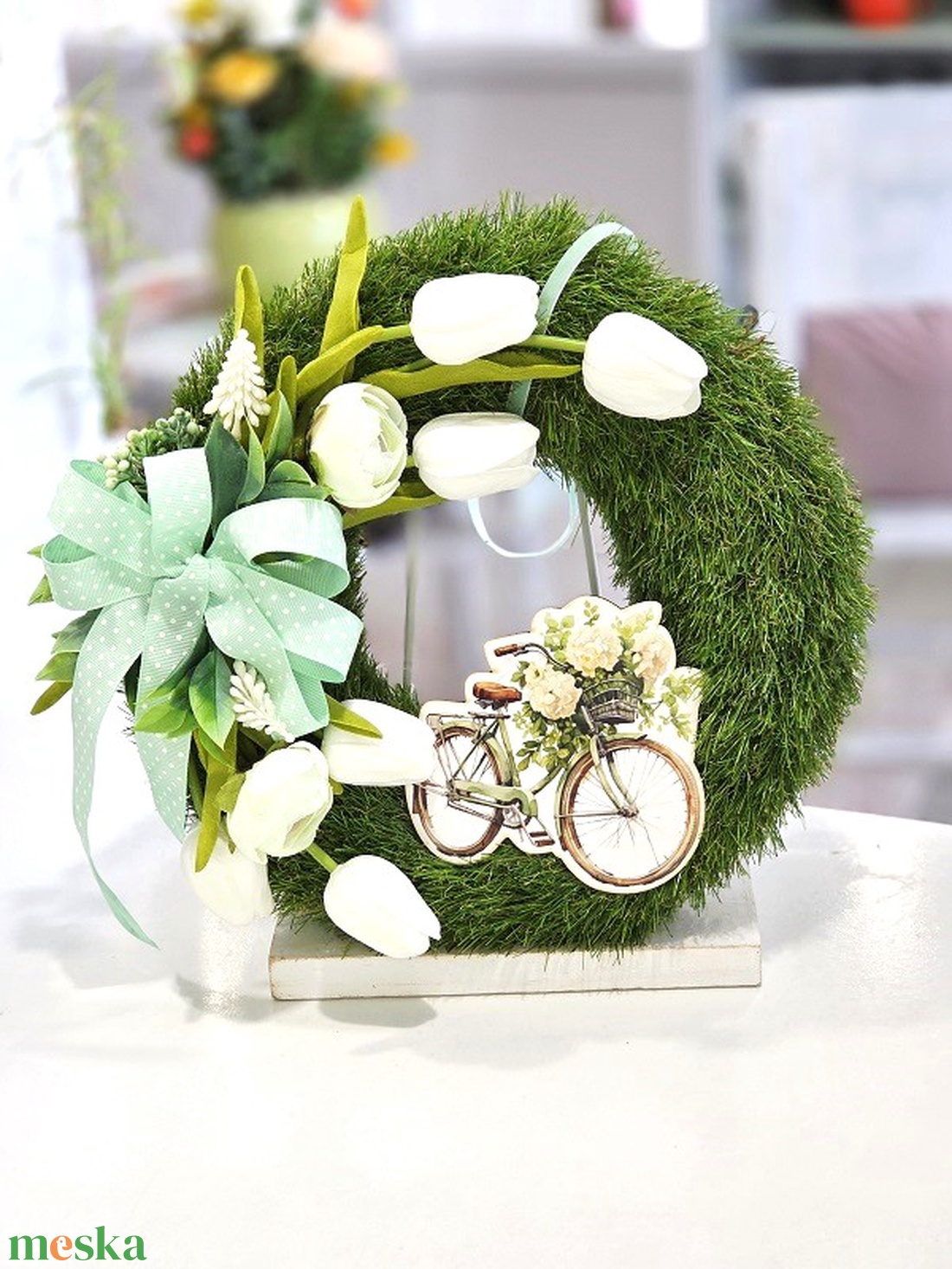 Nagy műfű alpú fehér-menta tavaszi ajtódísz  - otthon & életmód - dekoráció - ajtó- és ablak dekoráció - ajtódísz & kopogtató - Meska.hu