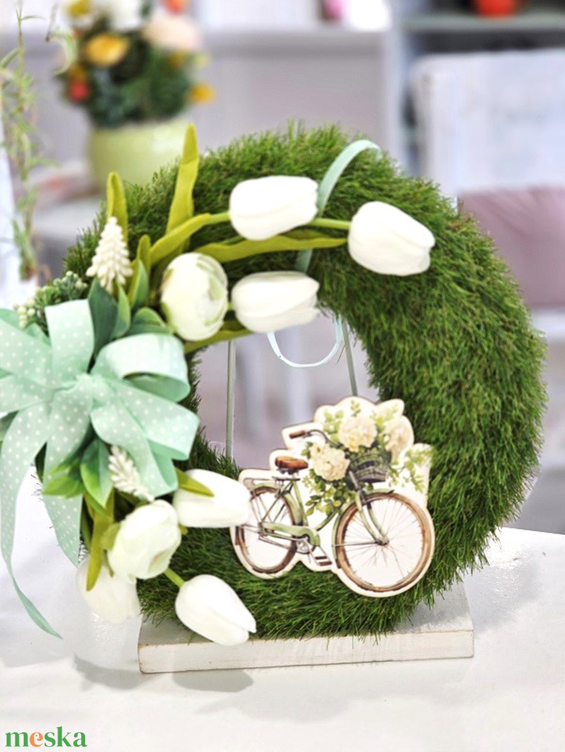 Nagy műfű alpú fehér-menta tavaszi ajtódísz  - otthon & életmód - dekoráció - ajtó- és ablak dekoráció - ajtódísz & kopogtató - Meska.hu