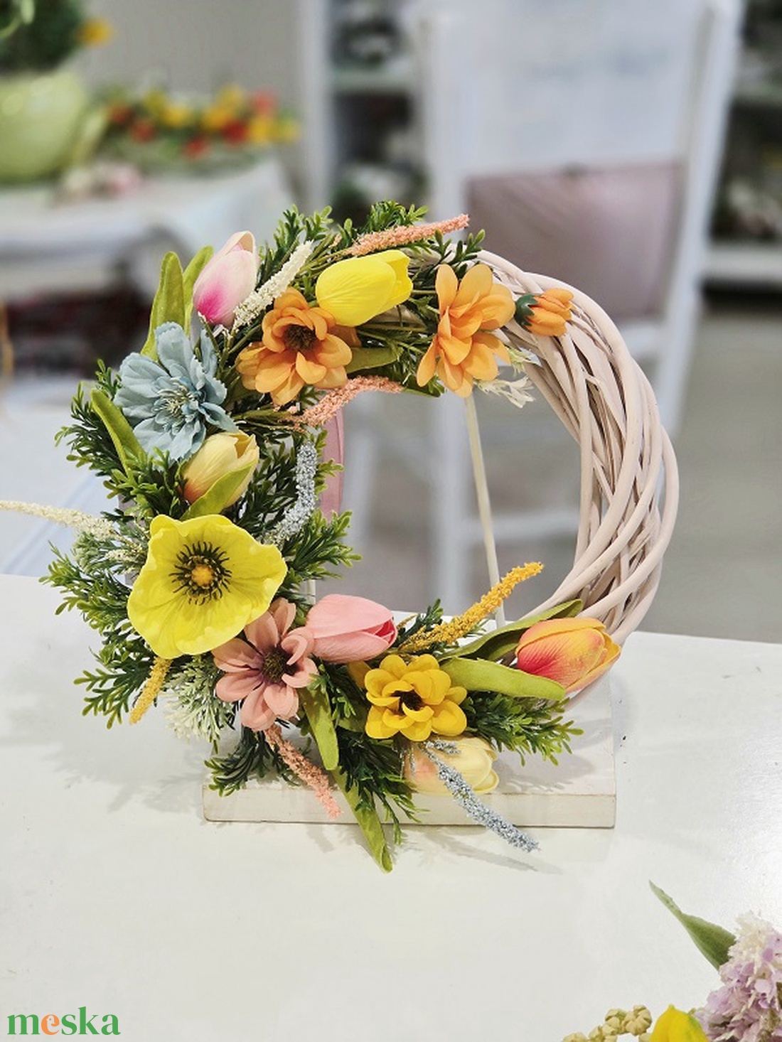 Rózsaszín vessző színes tavaszi ajtódísz  - otthon & életmód - dekoráció - ajtó- és ablak dekoráció - ajtódísz & kopogtató - Meska.hu