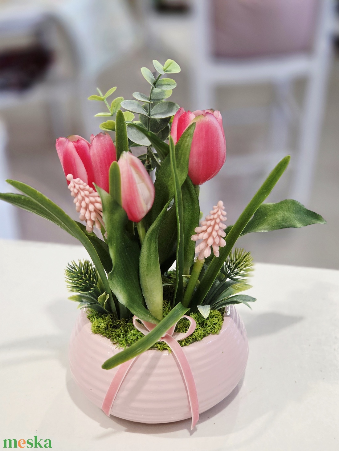 Rózsaszín tálas tulipános tavaszi asztaldísz  - otthon & életmód - dekoráció - asztal és polc dekoráció - asztaldísz - Meska.hu