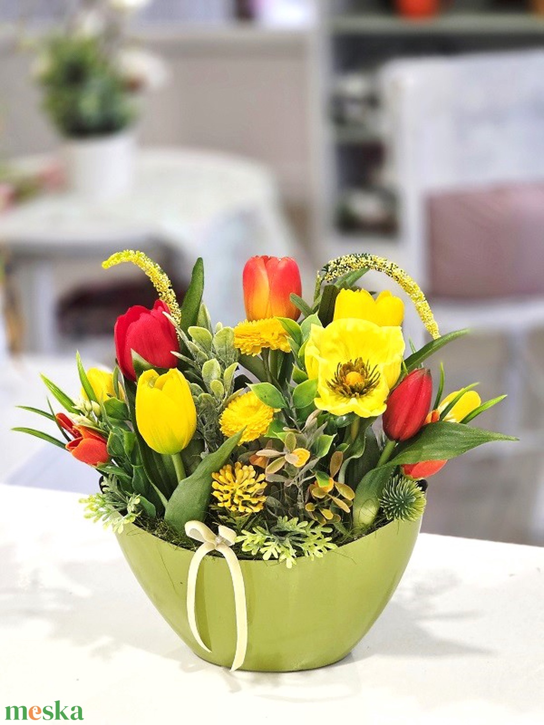 Zöld csónak sárga tavaszi asztaldísz  - otthon & életmód - dekoráció - asztal és polc dekoráció - asztaldísz - Meska.hu