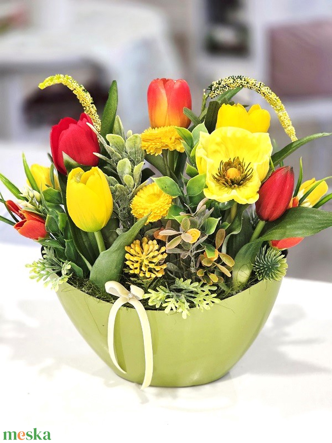 Zöld csónak sárga tavaszi asztaldísz  - otthon & életmód - dekoráció - asztal és polc dekoráció - asztaldísz - Meska.hu