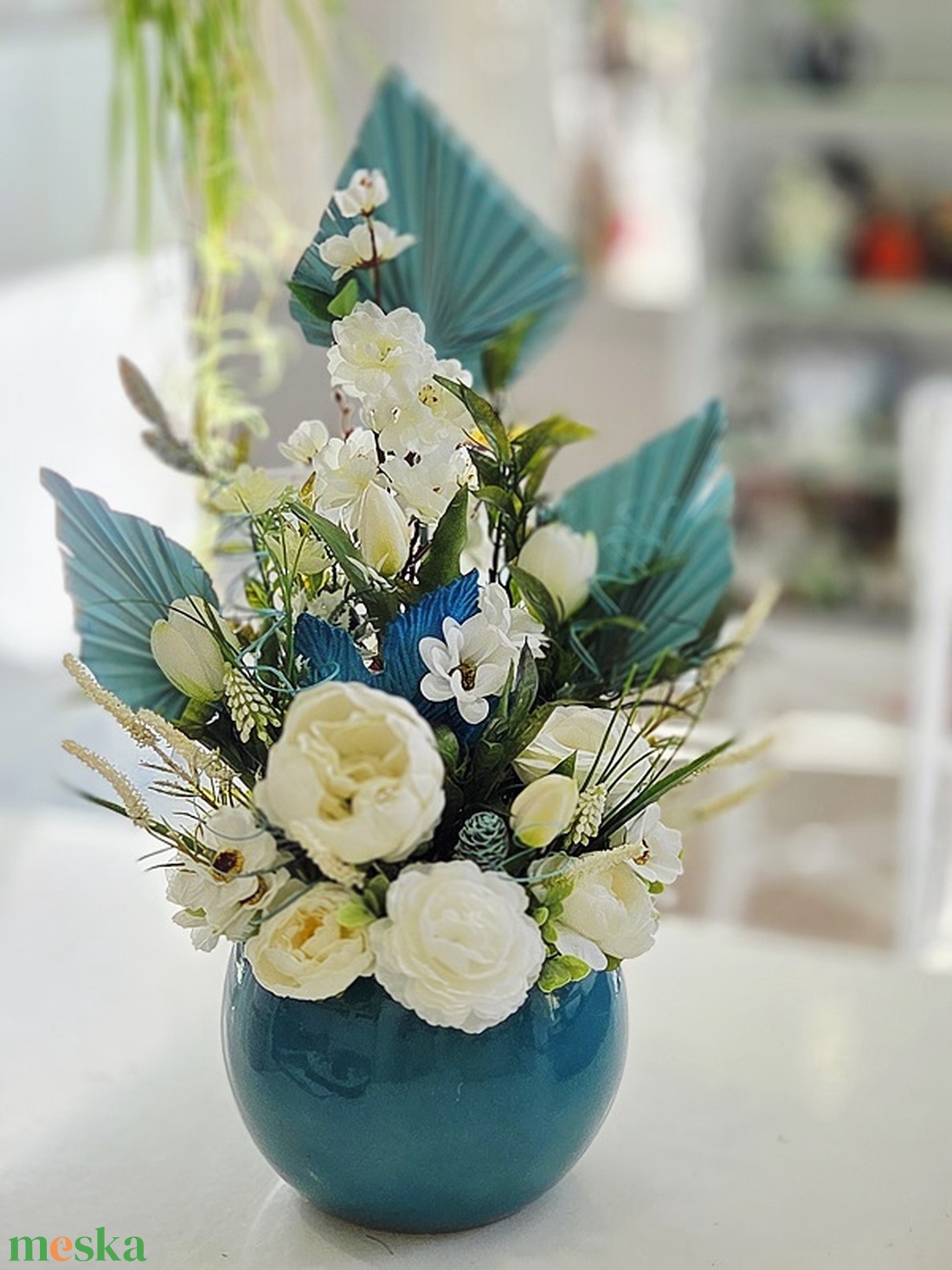 Óriás türkiz kaspós tulipános tavaszi asztaldísz - otthon & életmód - dekoráció - asztal és polc dekoráció - asztaldísz - Meska.hu