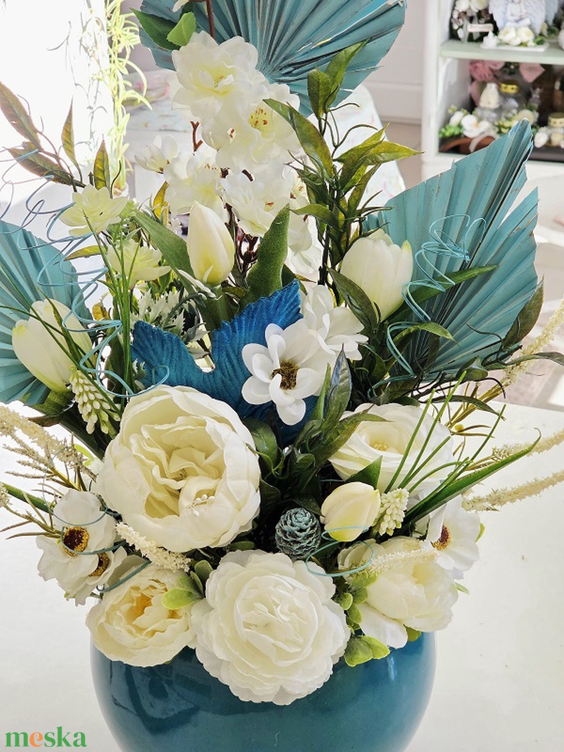 Óriás türkiz kaspós tulipános tavaszi asztaldísz - otthon & életmód - dekoráció - asztal és polc dekoráció - asztaldísz - Meska.hu