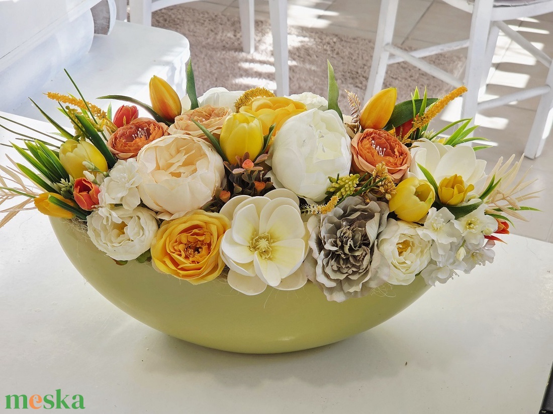 Óriás zöld csónak tulipános tavaszi asztaldísz  - otthon & életmód - dekoráció - asztal és polc dekoráció - asztaldísz - Meska.hu