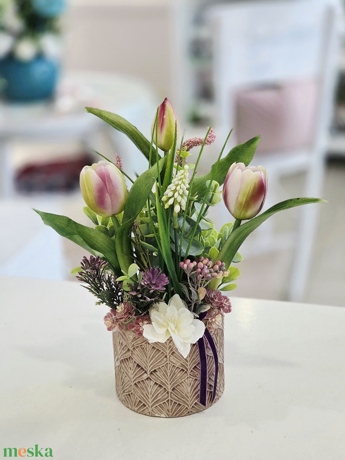 Lila tulipános tavaszi asztaldísz  - otthon & életmód - dekoráció - asztal és polc dekoráció - asztaldísz - Meska.hu