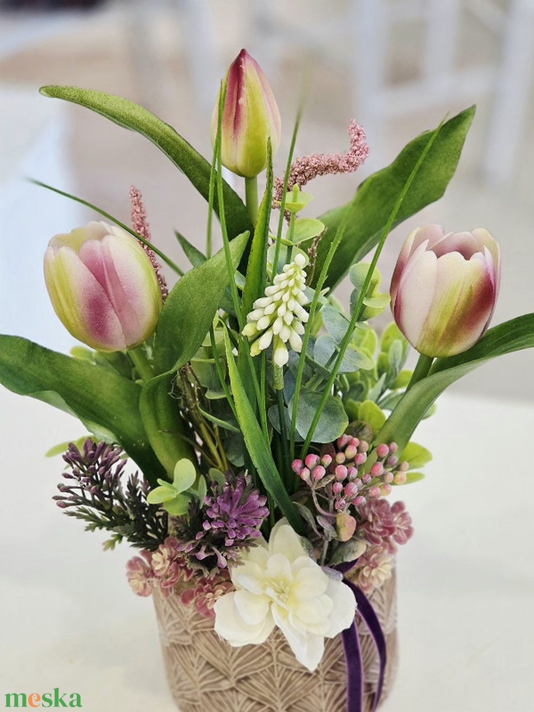 Lila tulipános tavaszi asztaldísz  - otthon & életmód - dekoráció - asztal és polc dekoráció - asztaldísz - Meska.hu