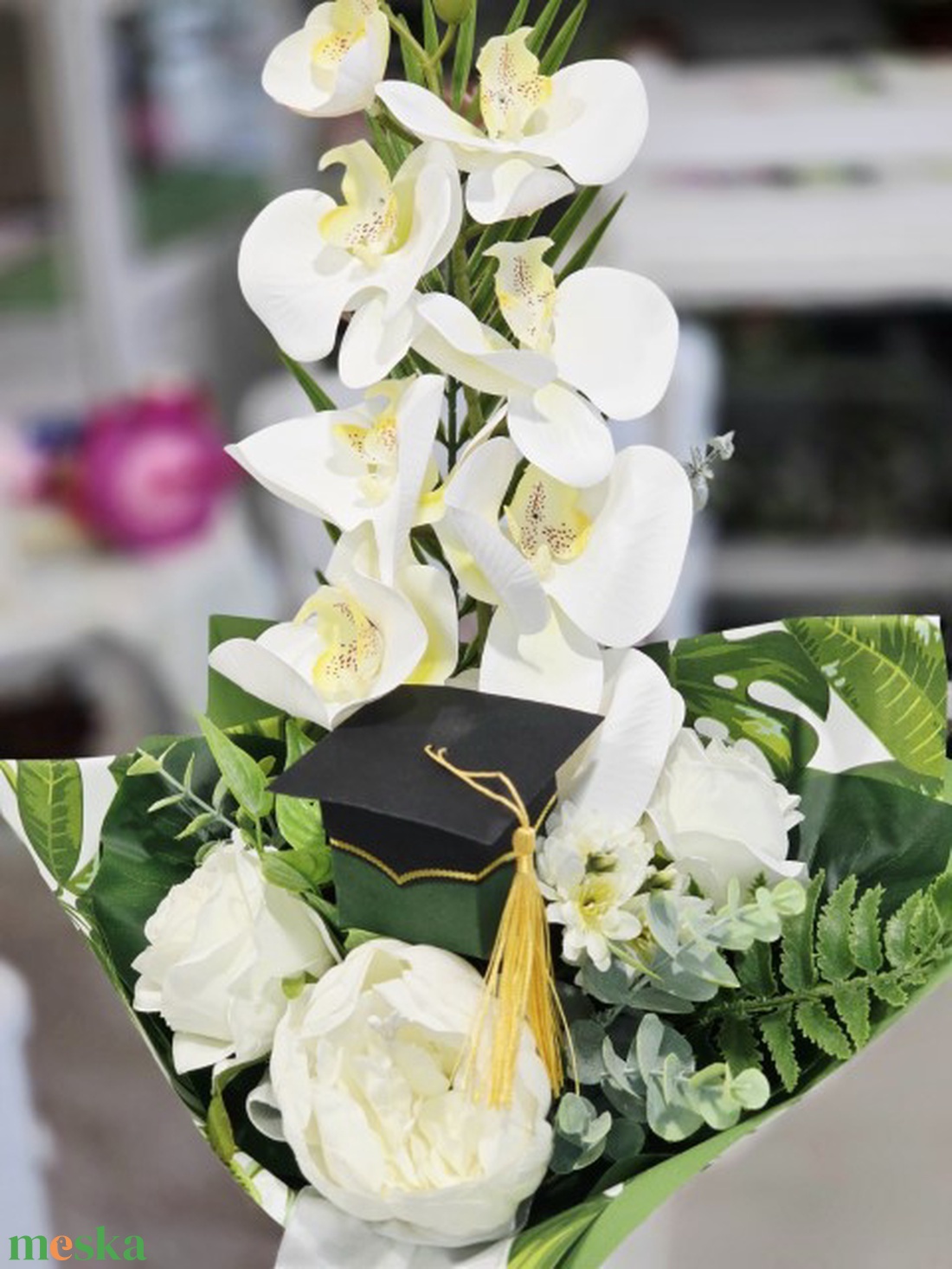 Fehér orchideás trópusi ballagási csokor  - otthon & életmód - virágdekoráció - virágok - virágcsokor - Meska.hu