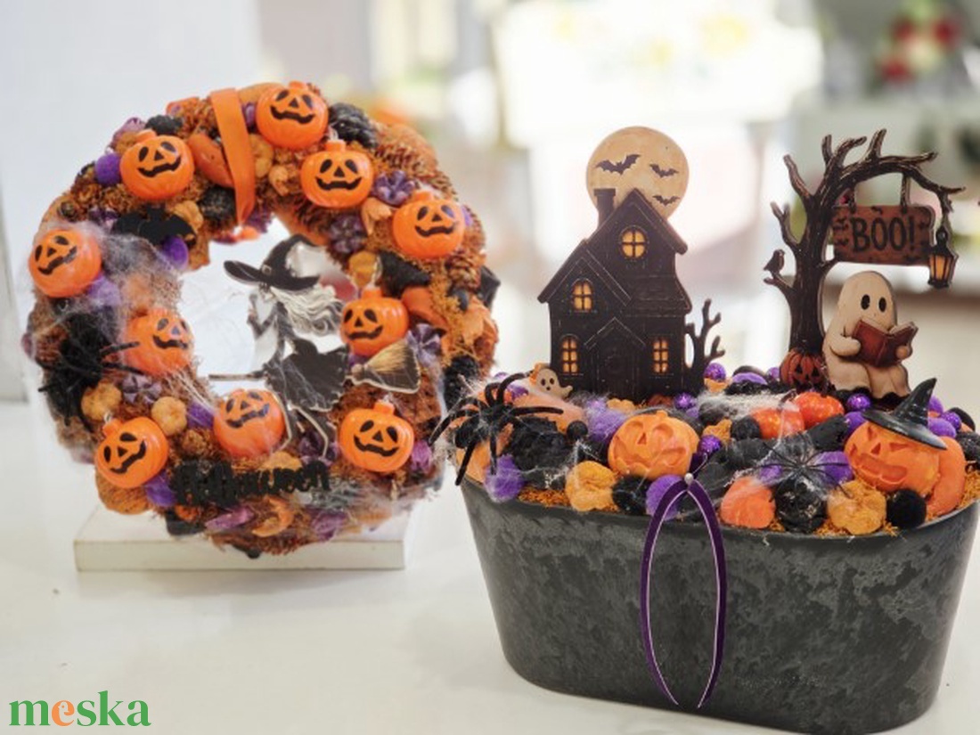 Boszis halloweeni ajtódísz világító tökfejekkel  - otthon & életmód - dekoráció - halloween - halloweeni ajtódíszek és ablakdíszek - Meska.hu