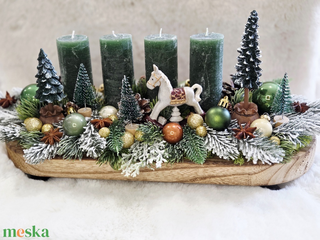 Természetes zöld-arany adventi asztaldísz  - karácsony - adventi díszek - adventi koszorú - Meska.hu