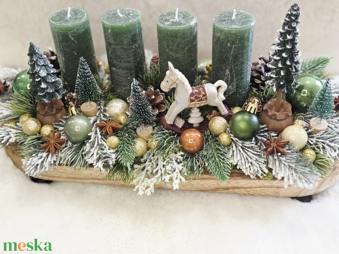 Természetes zöld-arany adventi asztaldísz  - karácsony - adventi díszek - adventi koszorú - Meska.hu