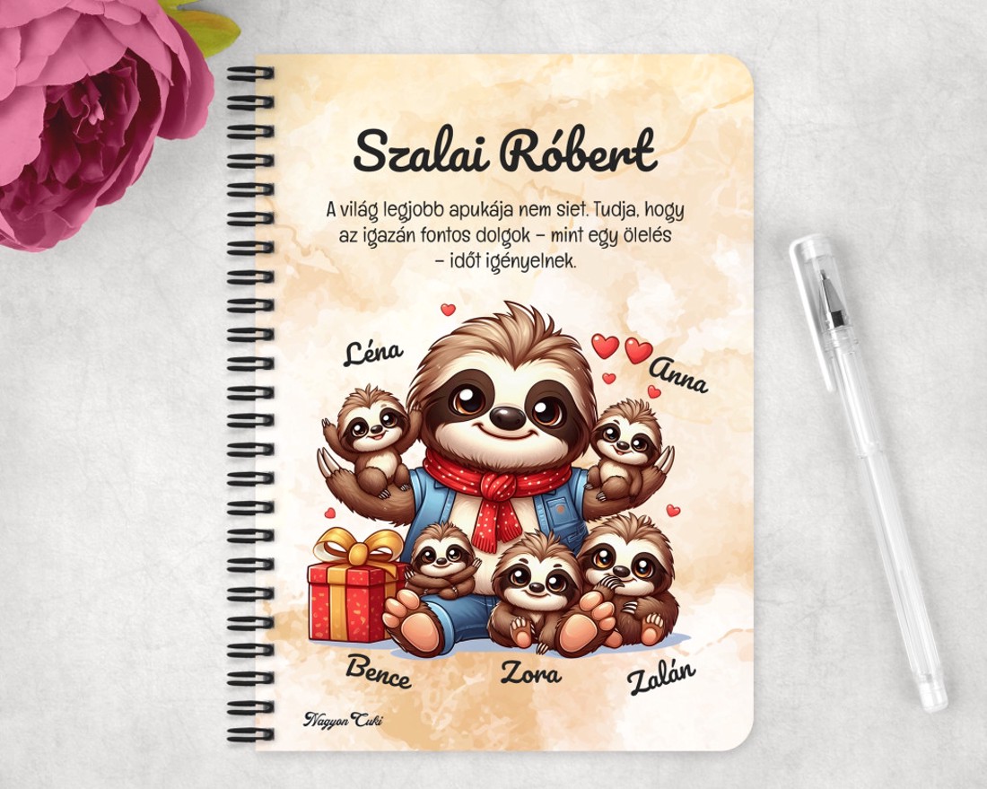 Személyre szabható - Cuki lajhár Apa és öt gyerek mintás A5-ös füzet - otthon & életmód - papír, írószer - jegyzetfüzet & napló - Meska.hu