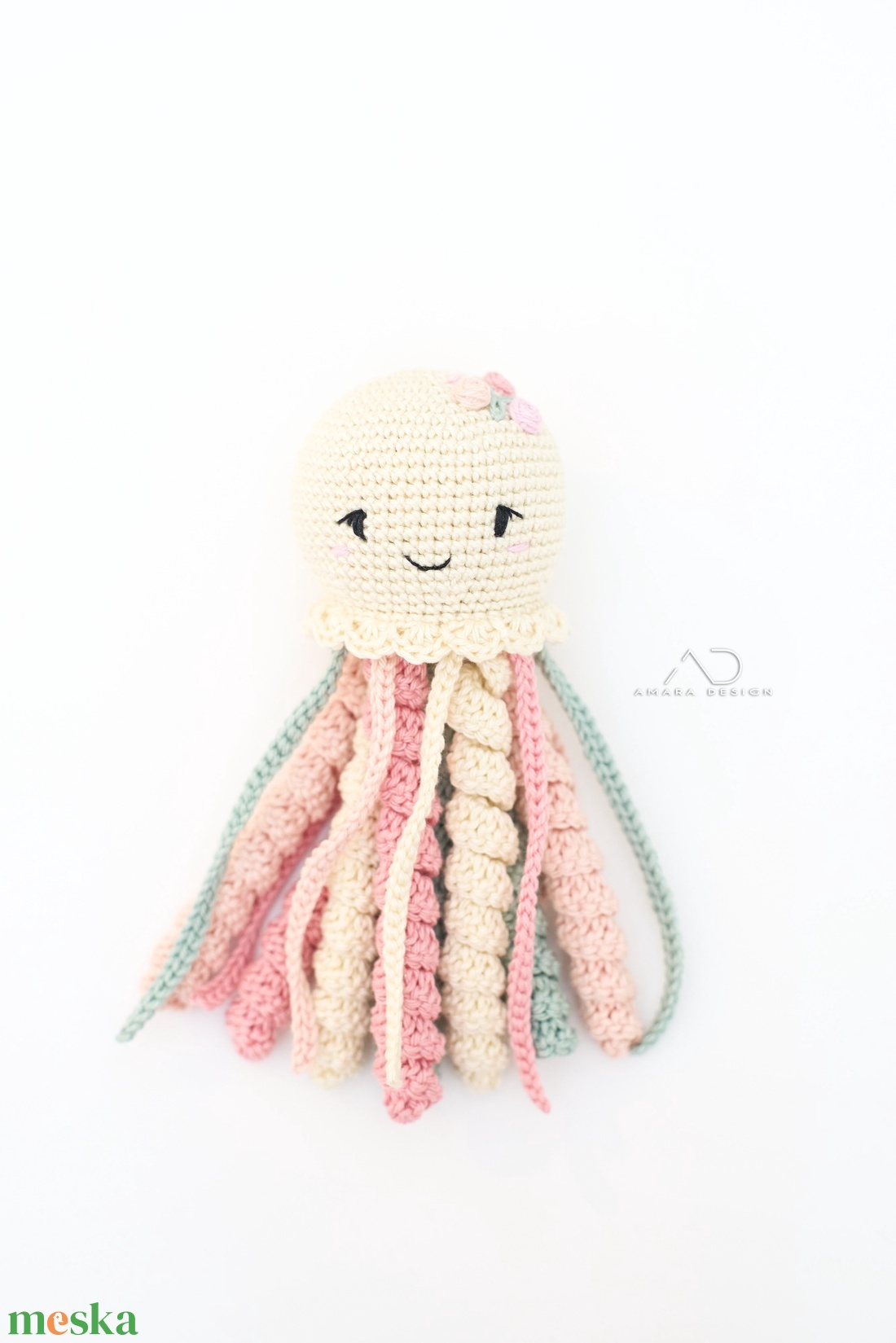 Horgolt KÖZEPES polip virághímzéssel - baba - mama - babalátogató ajándékcsomag - Meska.hu