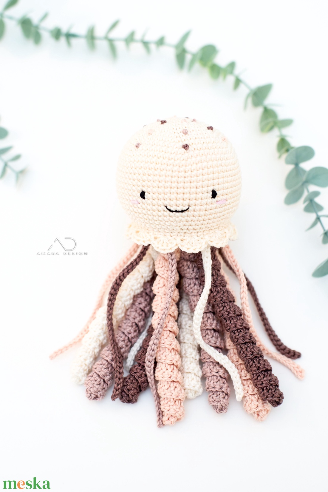 Horgolt NAGY polip hímzett pötyökkel - krém/barna  - baba - mama - babalátogató ajándékcsomag - Meska.hu