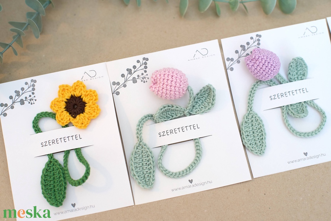 Horgolt VIRÁG könyvjelző 1 db (tulipán, cseresznyevirág, napraforgó) - könyv & zene - könyvjelző - Meska.hu