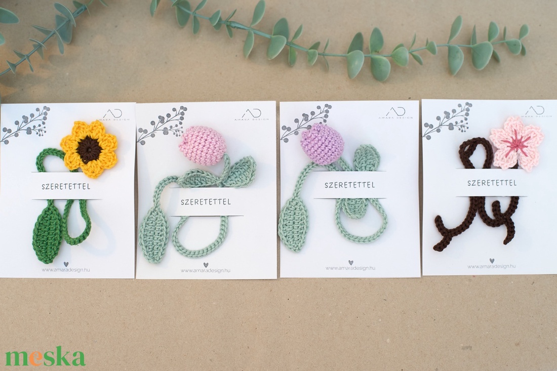 Horgolt VIRÁG könyvjelző 1 db (tulipán, cseresznyevirág, napraforgó) - könyv & zene - könyvjelző - Meska.hu