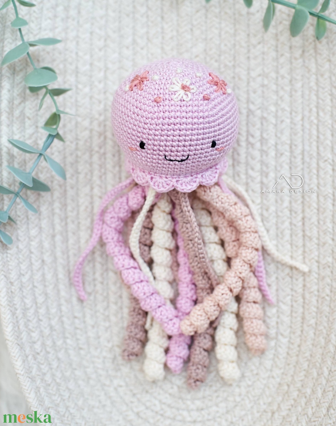 Horgolt NAGY rózsaszín polip hímzett virágokkal - baba - mama - babalátogató ajándékcsomag - Meska.hu