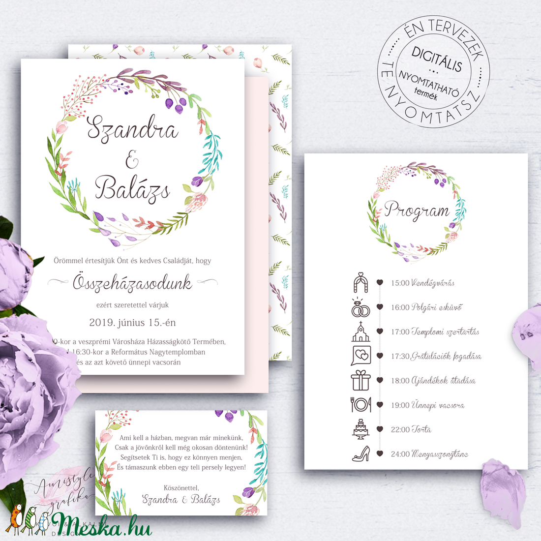 Esküvői Meghívó Készlet, Nyomtatható Vintage Virágos Esküvői Meghívó Szett, Letölthető-Digitális Meghívó Csomag -  - Meska.hu