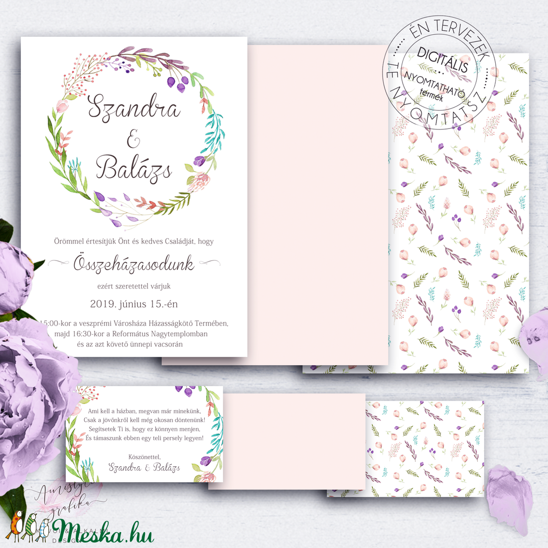 Esküvői Meghívó Készlet, Nyomtatható Vintage Virágos Esküvői Meghívó Szett, Letölthető-Digitális Meghívó Csomag -  - Meska.hu