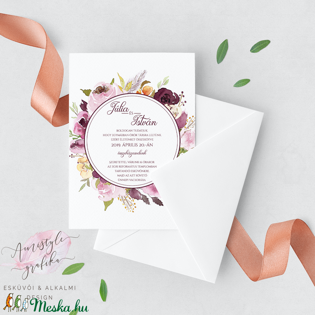 Esküvői Meghívó Készlet, Bordó Burgundy Virágos, Elegáns Esküvői Meghívó Lap, Kézzel Festett Esküvői Grafika, Rusztikus -  - Meska.hu