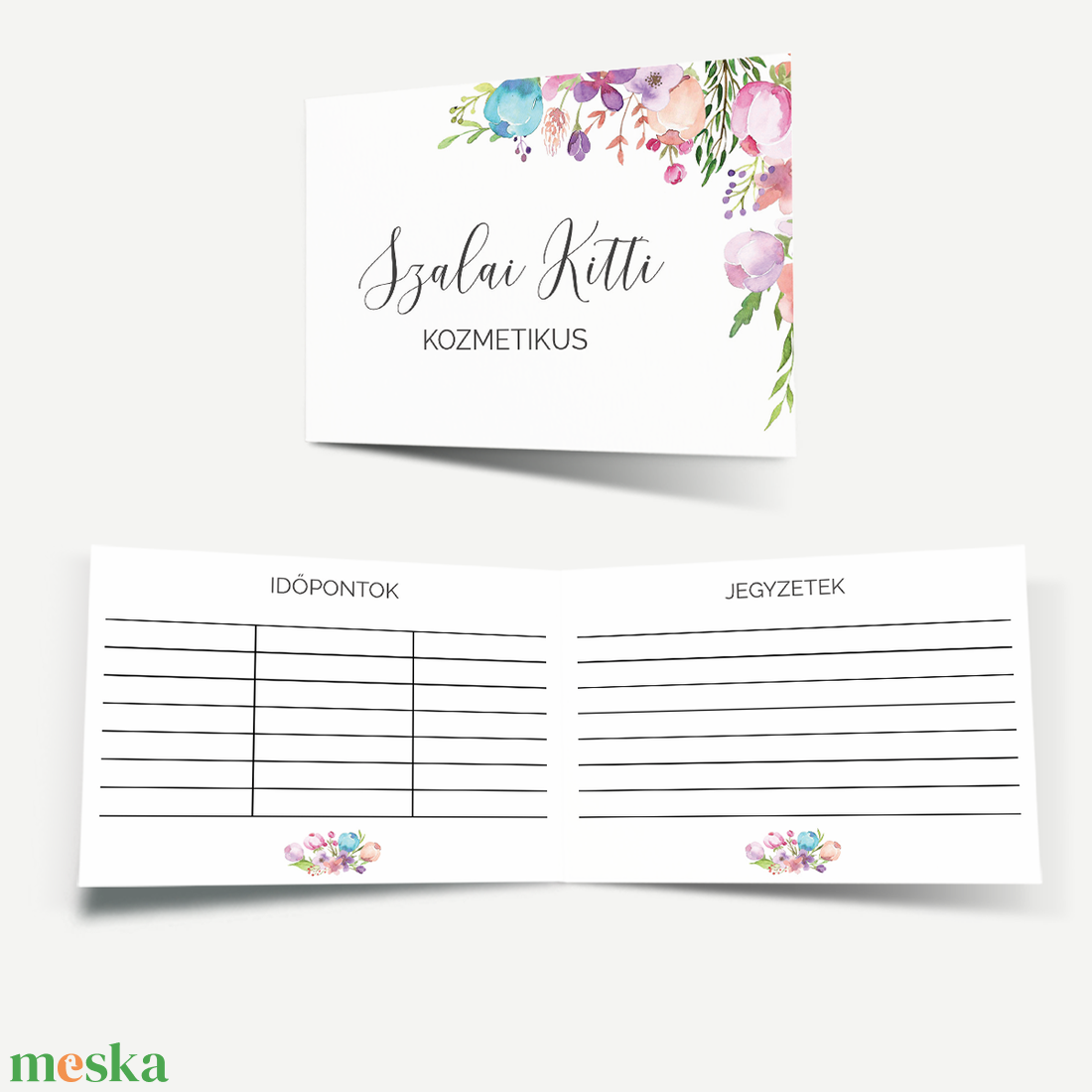 Kinyitható névjegykártya időpontkártyával és jegyzetoldallal  Floral akvarell kollekció - otthon & életmód - papír, írószer - névjegykártya - Meska.hu