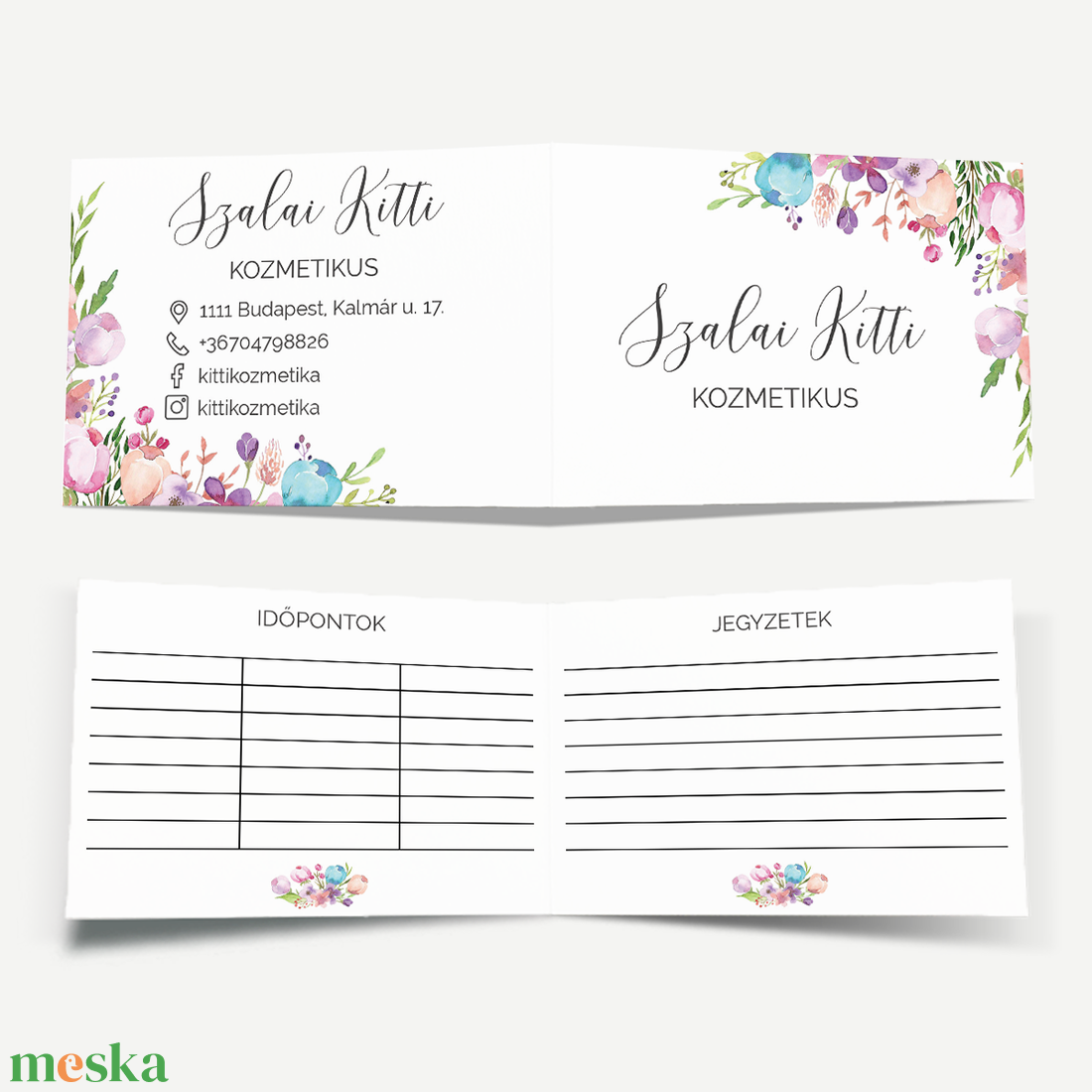 Kinyitható névjegykártya időpontkártyával és jegyzetoldallal  Floral akvarell kollekció - otthon & életmód - papír, írószer - névjegykártya - Meska.hu