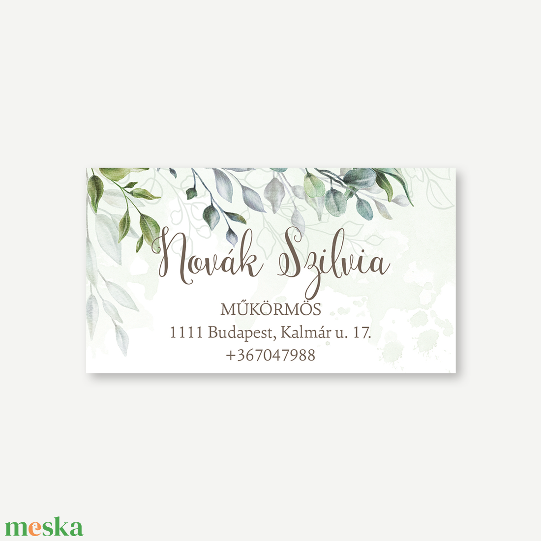 Boho Greenery kétoldalas névjegy- és időpontkártya  zöldleveles, akvarell stílus - otthon & életmód - papír, írószer - névjegykártya - Meska.hu