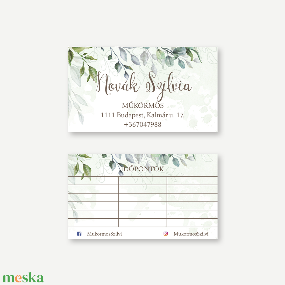 Boho Greenery kétoldalas névjegy- és időpontkártya  zöldleveles, akvarell stílus - otthon & életmód - papír, írószer - névjegykártya - Meska.hu