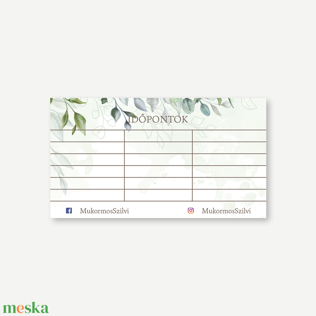 Boho Greenery kétoldalas névjegy- és időpontkártya  zöldleveles, akvarell stílus - otthon & életmód - papír, írószer - névjegykártya - Meska.hu