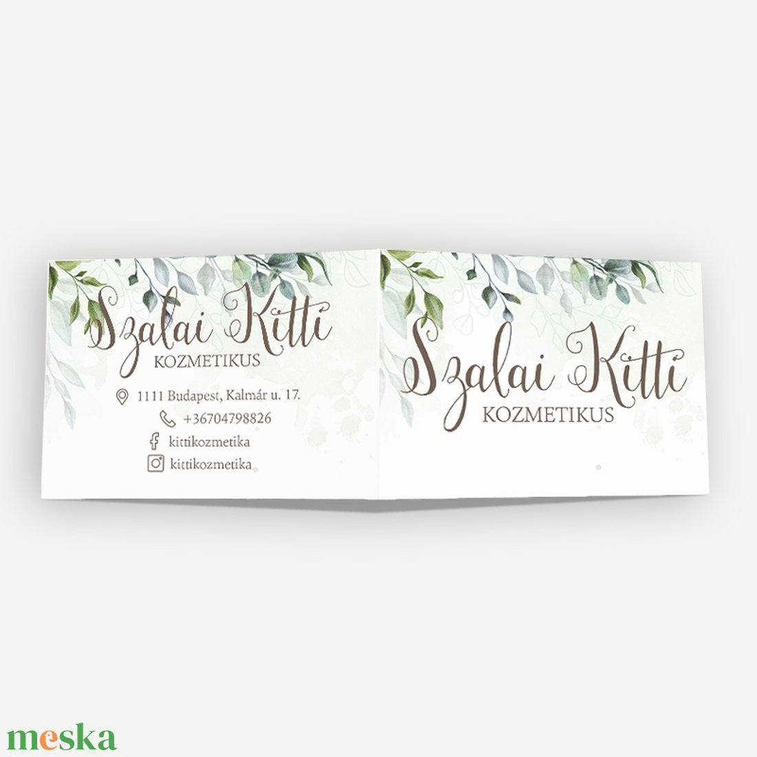 Boho Greenery hajtott négyoldalas névjegy- és időpontkártya  zöldleveles, akvarell design - otthon & életmód - papír, írószer - névjegykártya - Meska.hu