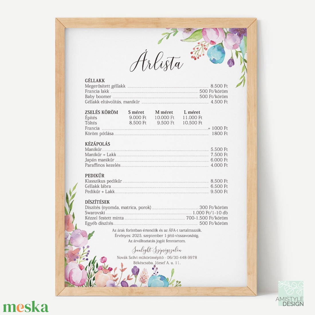 Floral árlista falidekor, Szalon árlista, Virágos akvarell árlista - Több méretben - otthon & életmód - papír, írószer - névjegykártya - Meska.hu