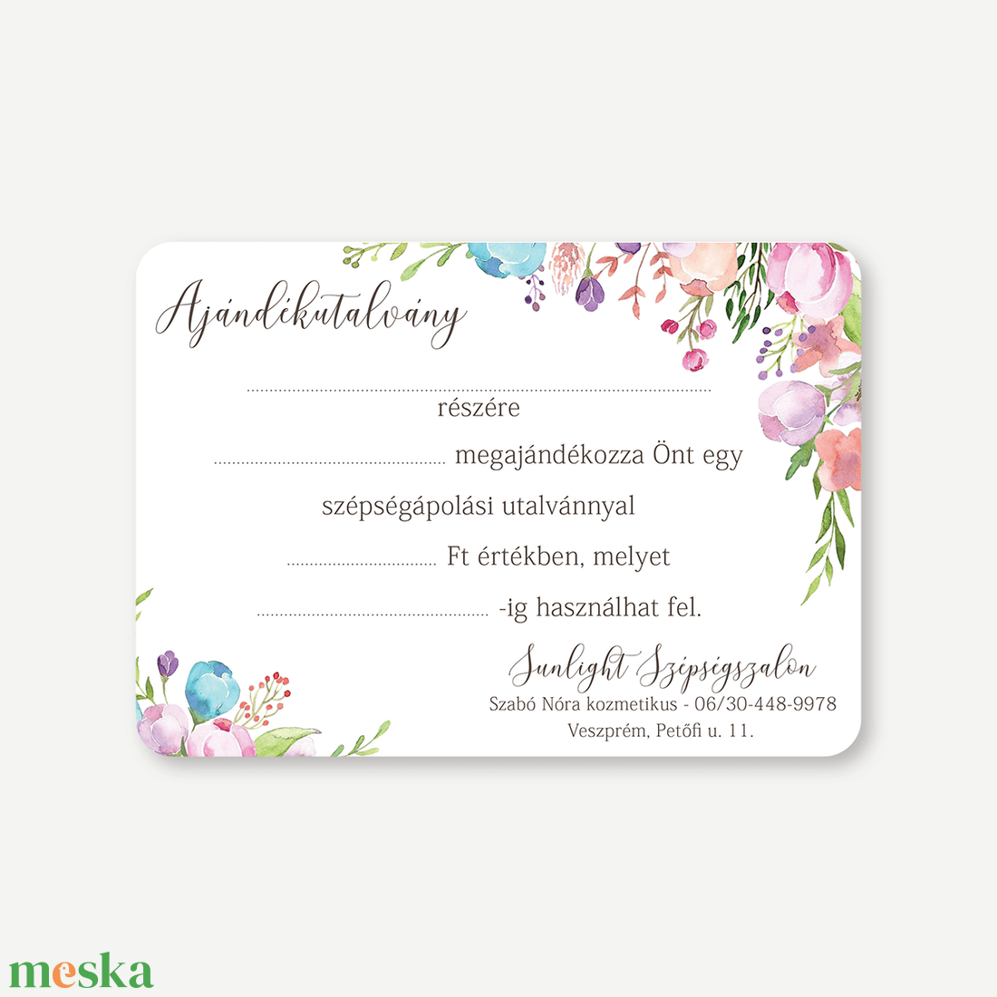 Floral ajándékutalvány A6  elegáns virágos utalvány fodrász, kozmetikus, műkörmös és szépségszalon szolgáltatásokhoz - otthon & életmód - papír, írószer - ajándékozás kellékei - képeslap, üdvözlőlap - Meska.hu