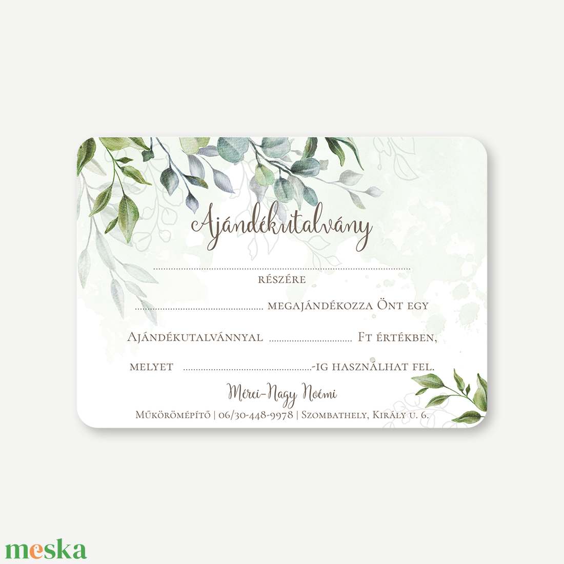 Ajándékutalvány, kétoldalas, A6 - Boho Greenery - természetközeli design, szalonokba, stúdiókba, üzletbe, rendelőbe - otthon & életmód - papír, írószer - ajándékozás kellékei - képeslap, üdvözlőlap - Meska.hu