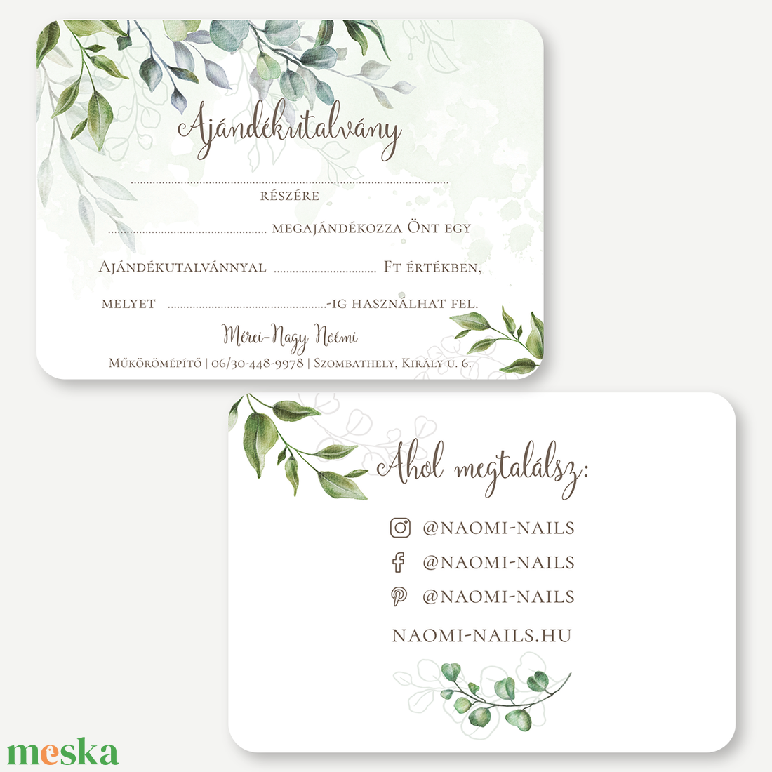 Ajándékutalvány, kétoldalas, A6 - Boho Greenery - természetközeli design, szalonokba, stúdiókba, üzletbe, rendelőbe - otthon & életmód - papír, írószer - ajándékozás kellékei - képeslap, üdvözlőlap - Meska.hu