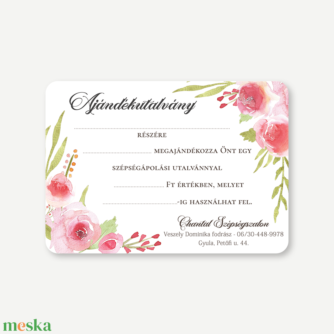 Ajándékutalvány, kétoldalas, A6 - Roses - romantikus fodrász, kozmetikus, műkörmös és szépségszalon szolgáltatásokhoz - otthon & életmód - papír, írószer - ajándékozás kellékei - képeslap, üdvözlőlap - Meska.hu