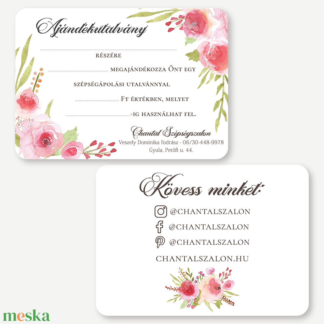 Ajándékutalvány, kétoldalas, A6 - Roses - romantikus fodrász, kozmetikus, műkörmös és szépségszalon szolgáltatásokhoz - otthon & életmód - papír, írószer - ajándékozás kellékei - képeslap, üdvözlőlap - Meska.hu