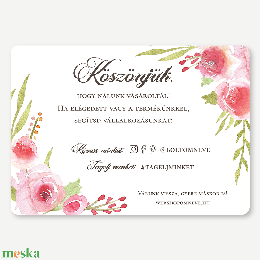 Csomagkísérő Köszönőkártya  Roses - egyoldalas, A6, akvarell design, webáruházaknak, csomagküldéshez, szappankészítő - otthon & életmód - papír, írószer - ajándékozás kellékei - ajándékzsák, csomagolás - Meska.hu