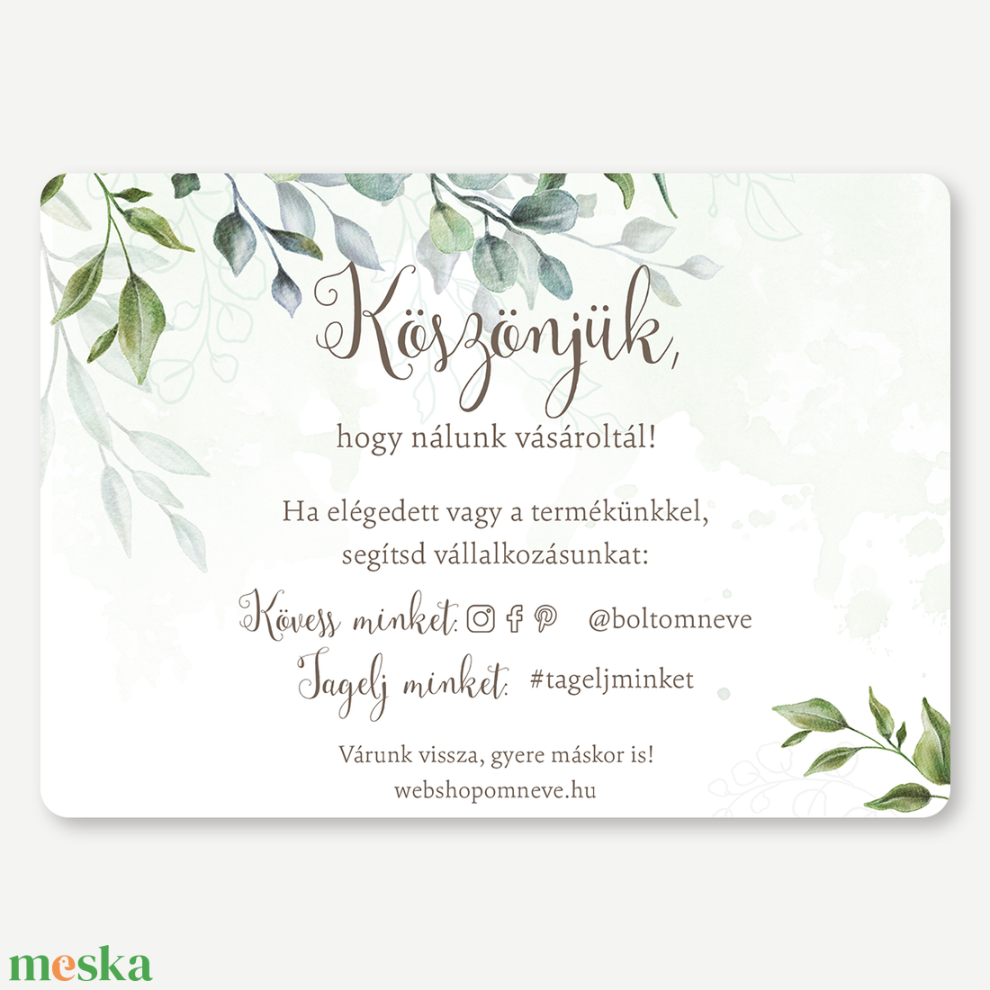 Csomagkísérő Köszönőkártya  Greenery - egyoldalas, A6, termékforgalmazóknak, designermárkáknak, webshopoknak, cégeknek - otthon & életmód - papír, írószer - ajándékozás kellékei - ajándékzsák, csomagolás - Meska.hu