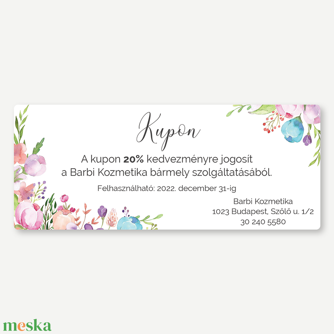 Kupon, Kedvezménykártya  Floral - egyoldalas, Fodrászoknak, kozmetikusoknak, műkörmösöknek, edzőtermeknek, stúdióknak - otthon & életmód - papír, írószer - névjegykártya - Meska.hu