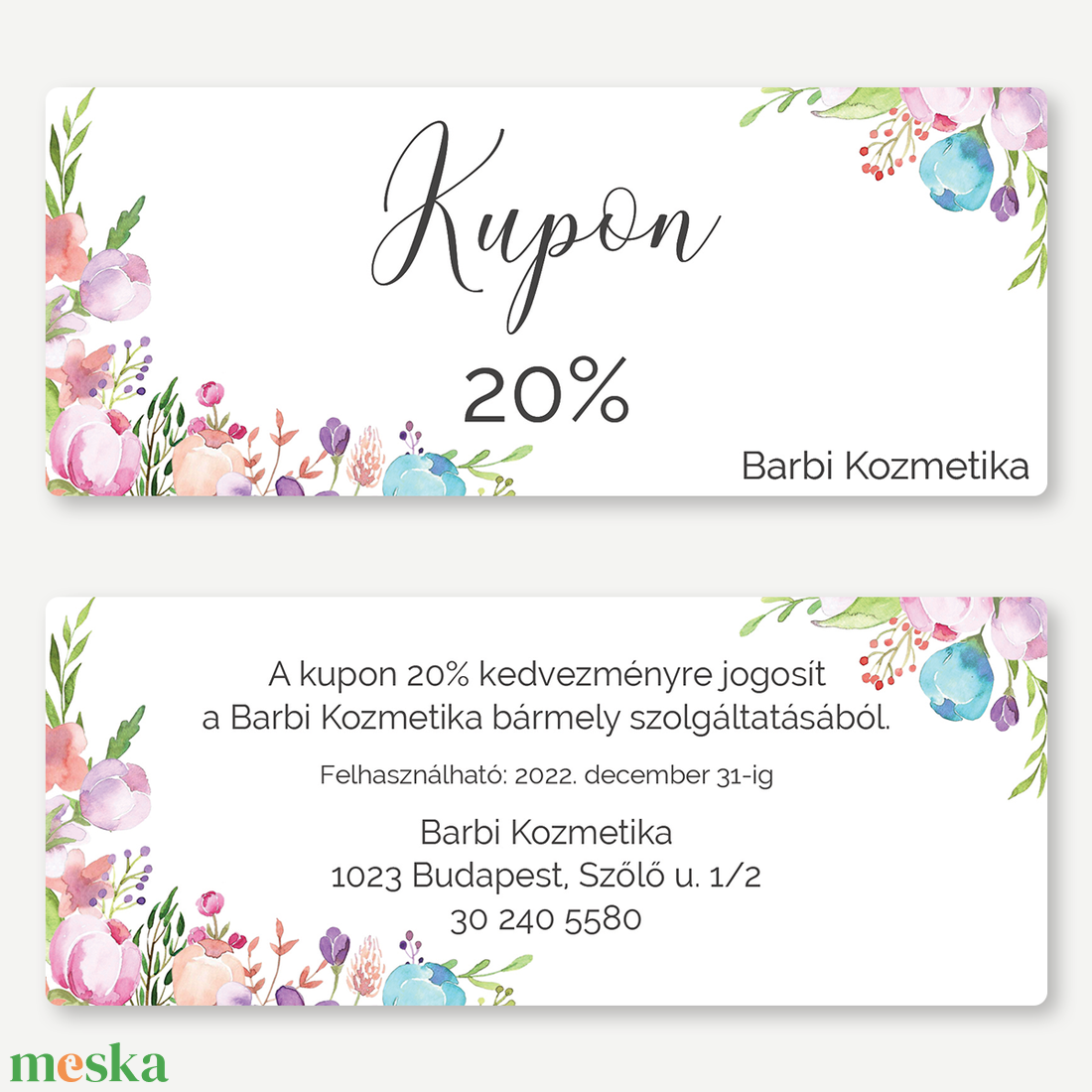 Kupon, kétoldalas, Kedvezménykárty - Floral - Fodrász, kozmetikus, műkörmös, sminkes, ezdő, jógastúdió, szépségszalon - otthon & életmód - papír, írószer - névjegykártya - Meska.hu