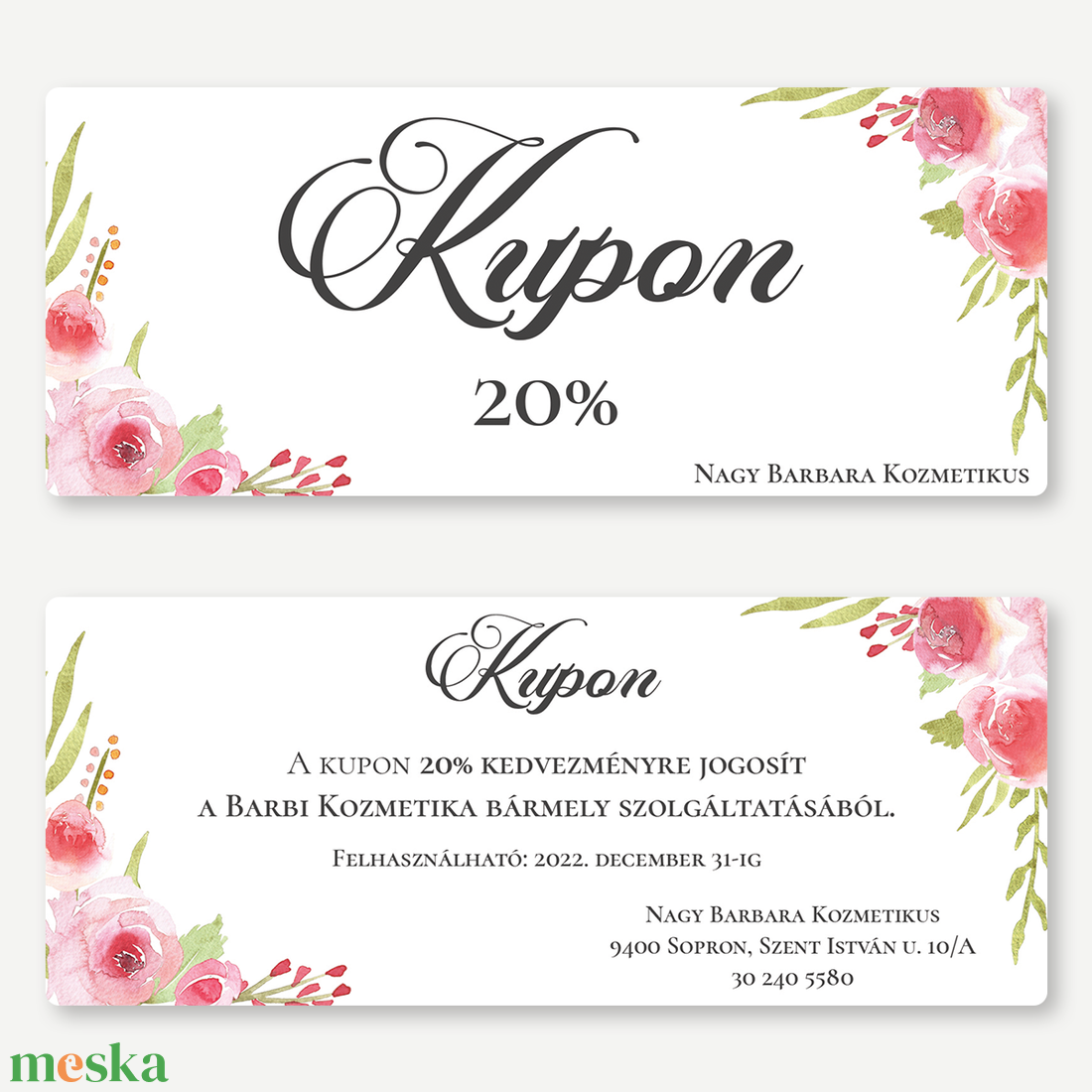 Kupon, kétoldalas, Kedvezménykártya, voucher - Roses - Műkörmös, sminkes, masszőr, szempilla-stylist, coach, jógastúdió - otthon & életmód - papír, írószer - névjegykártya - Meska.hu