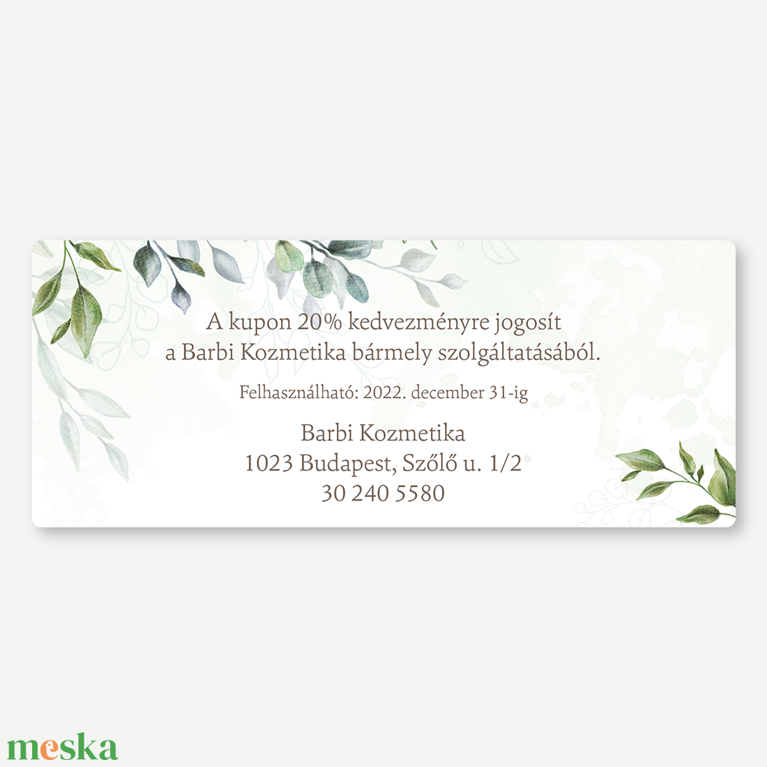 Kupon, kétoldalas, Kedvezménykártya, voucher - Greenery - Műkörmös, fodrász, kozmetikus, vállalkozónő, szolgáltató,coach - otthon & életmód - papír, írószer - névjegykártya - Meska.hu