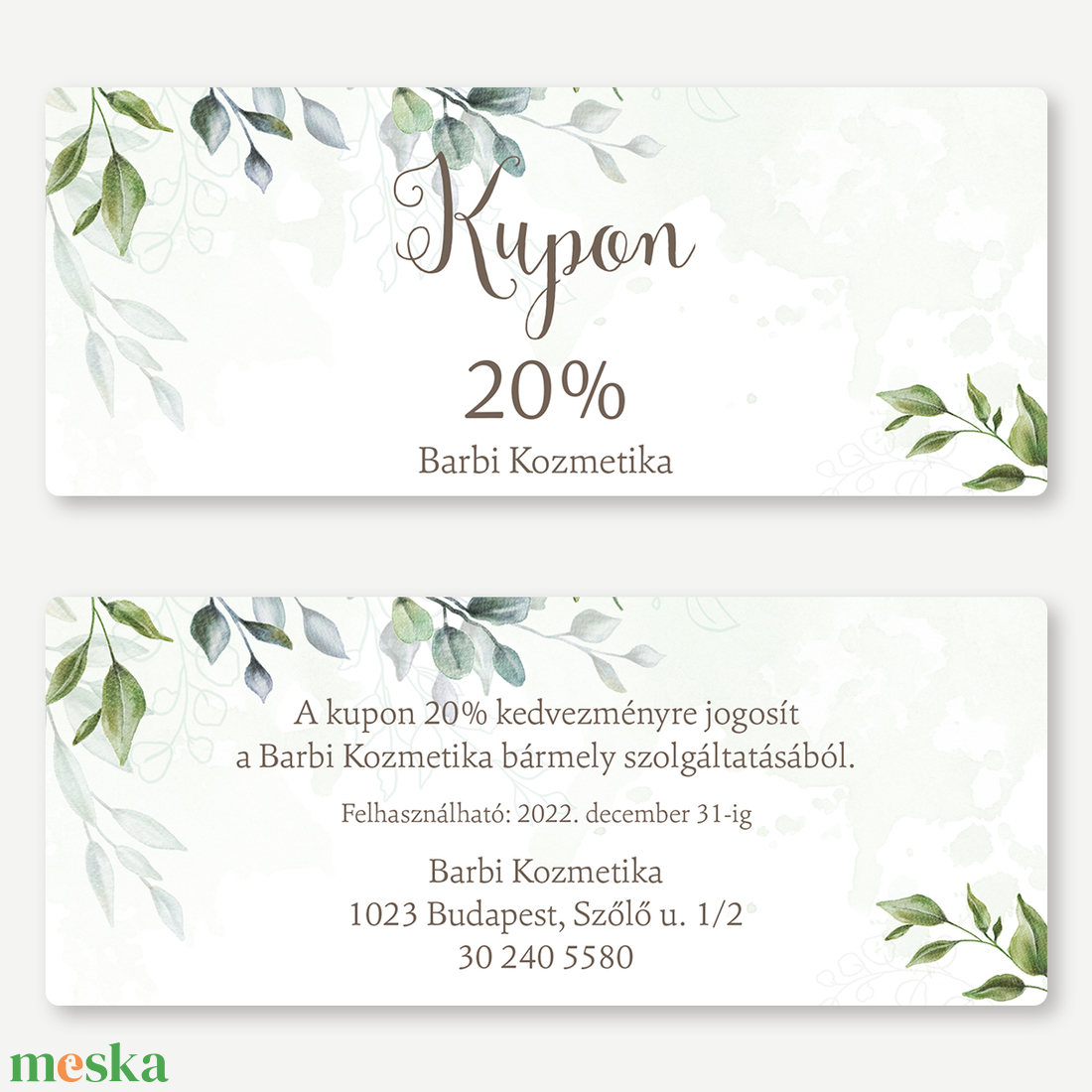 Kupon, kétoldalas, Kedvezménykártya, voucher - Greenery - Műkörmös, fodrász, kozmetikus, vállalkozónő, szolgáltató,coach - otthon & életmód - papír, írószer - névjegykártya - Meska.hu