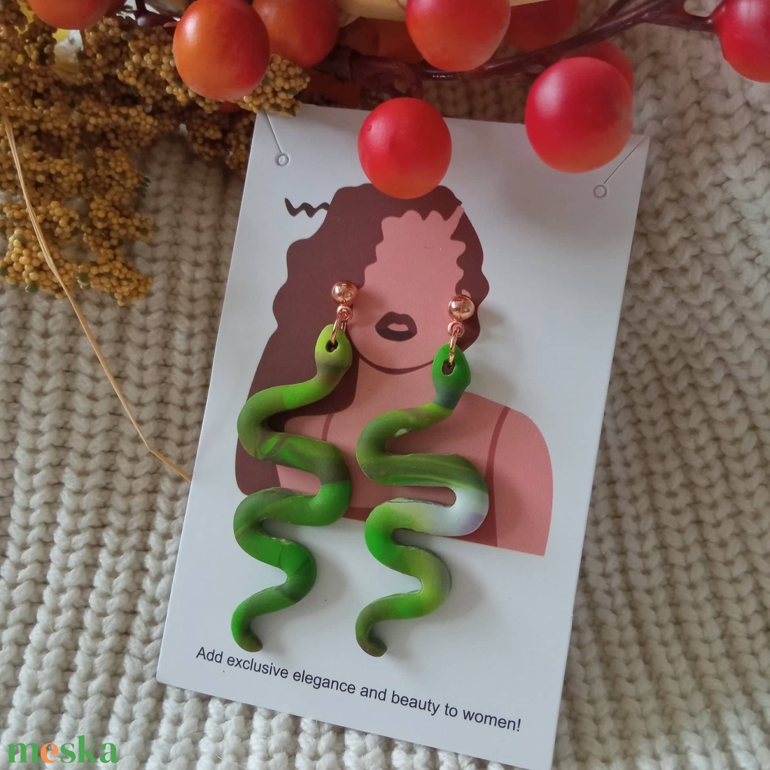 Zöld kígyós fülbevaló - ékszer - fülbevaló - fülékszer - Meska.hu
