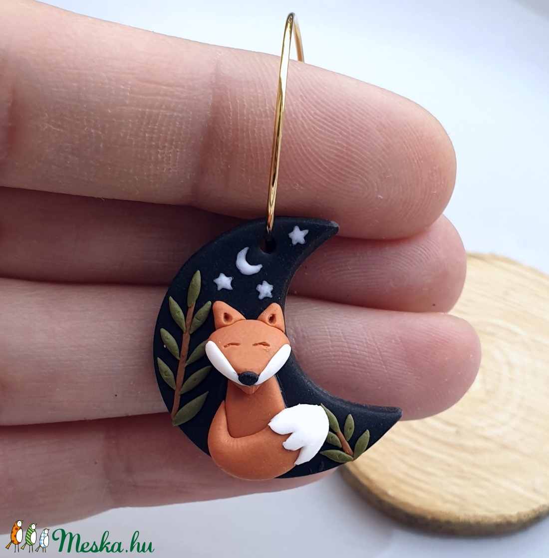 Rókás hold süthető gyurma fülbevaló - ékszer - fülbevaló - karika fülbevaló - Meska.hu